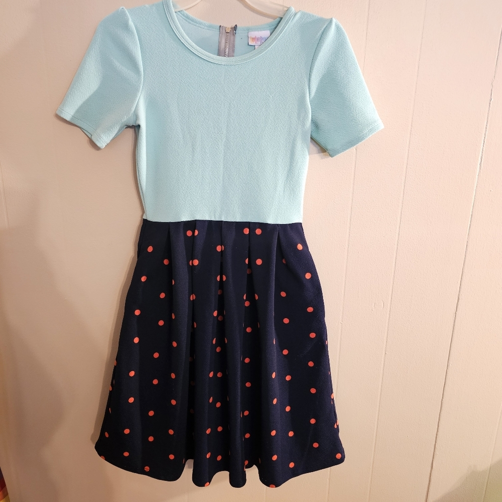 LulaRoe Amelia Simply Comfortable Seafoam Orange and Navy Dress with Pockets
